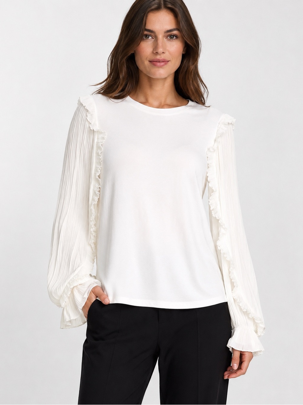Elie Tahari Elegant Feminine White Pleated Ruffle Sleeve Blouse Size XL